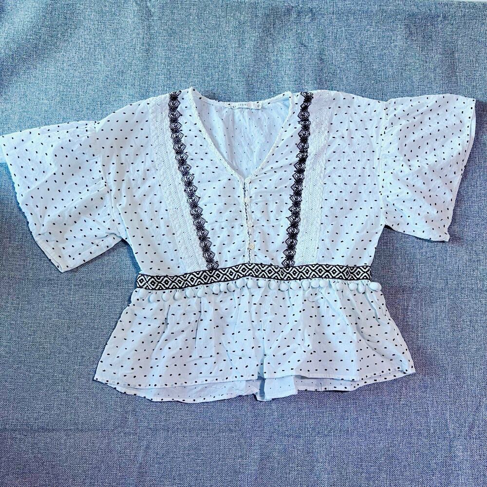 Ellison Womens M White Black Boho Peplum Blouse Pom Pom Lace Embroidered Top